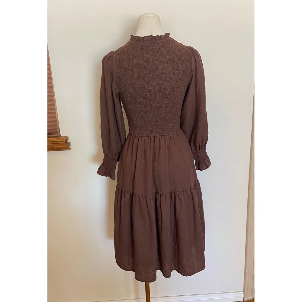 IVY CITY Chocolate Brown Girls Smocked Long Sleeve Dress Pockets Mock Neck 13/14